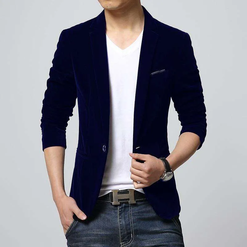 Single Button Slim Fit Velvet Blazer