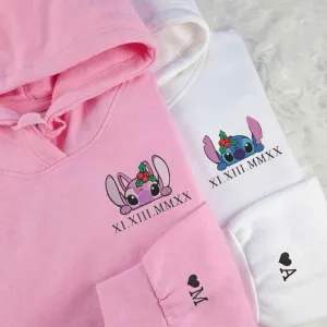 Stitch x Angel Roman Numeral Couple Hoodies - Custom Embroidered Matching Hoodies For Couples