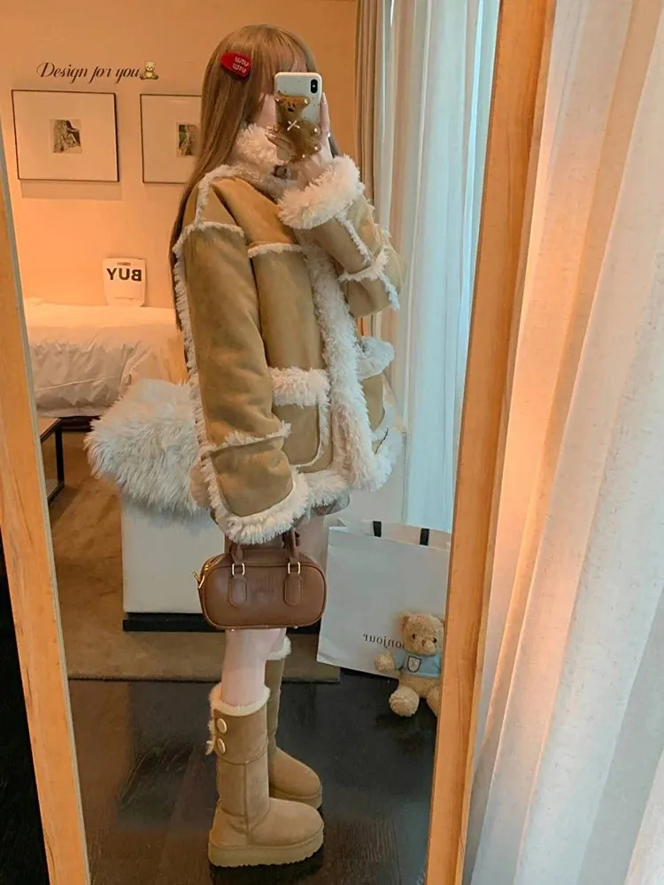 Toleet-Winter Outfits Christmas Black Friday Autumn Winter Spliced Suede Lamb Jacket Thickened Fur and Integrated Coat Loose Velvet Women's Cashmere Sheepskin Women's Coat