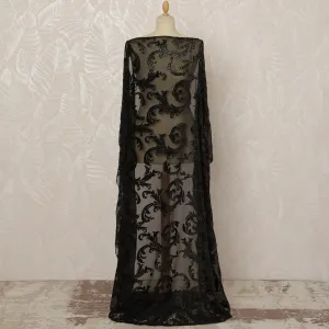 Traditional Somali Dirac Silk Blended Velvet Chiffon Fabric in Black and gold with Floral Pattern, 3.5 Meters, 140 cm Width-D20604