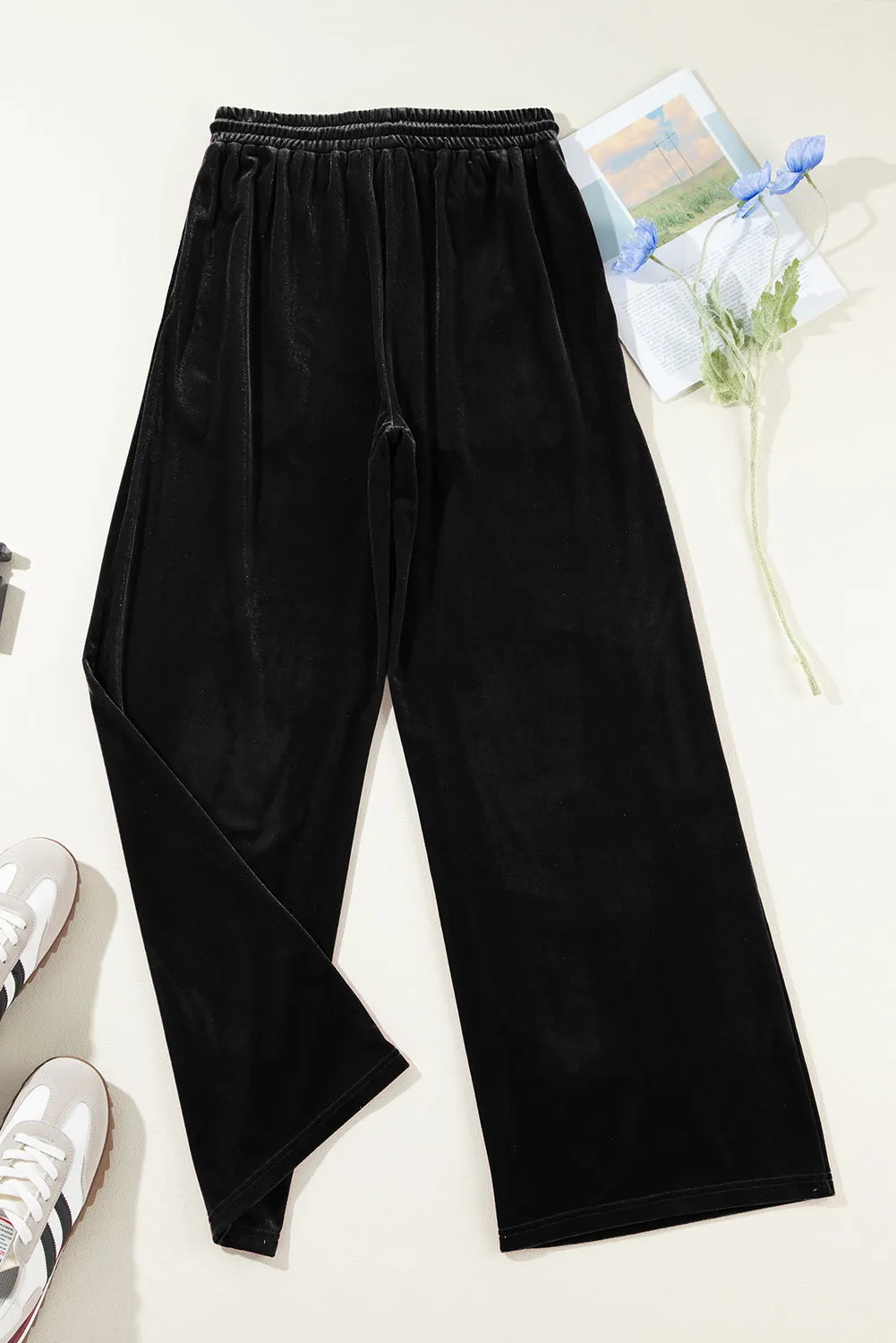 Velvet Solid Drawstring Wide Leg Pants