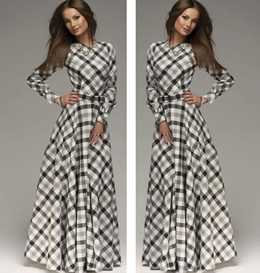 VenusFox full sleeve o-neck print plaid elegant maxi dresses