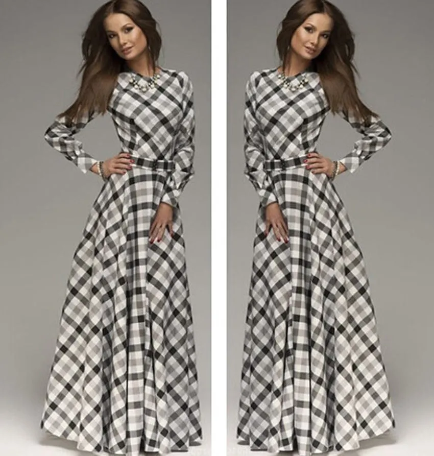 VenusFox full sleeve o-neck print plaid elegant maxi dresses