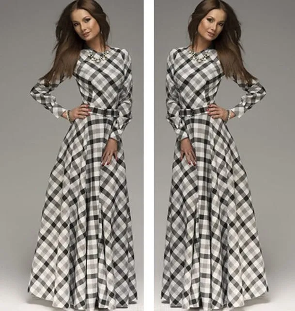 VenusFox full sleeve o-neck print plaid elegant maxi dresses