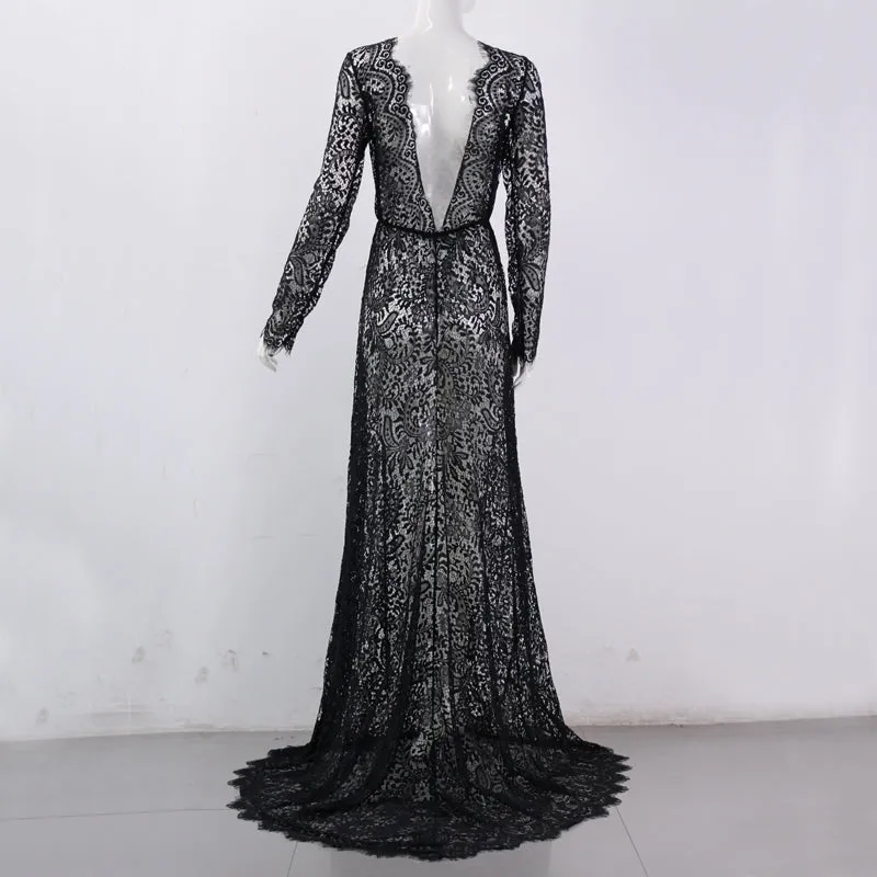 VenusFox Sexy See Through Floral Elegant Lace Maxi Dress