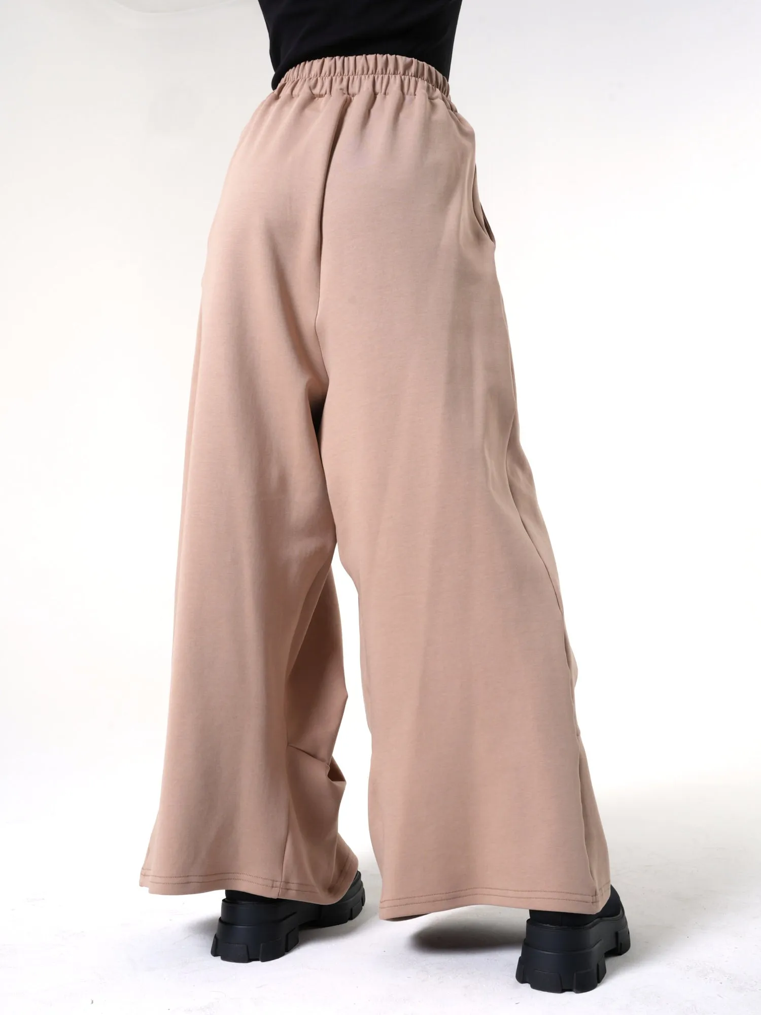 Wide-Leg Beige Pants With Black Stripes