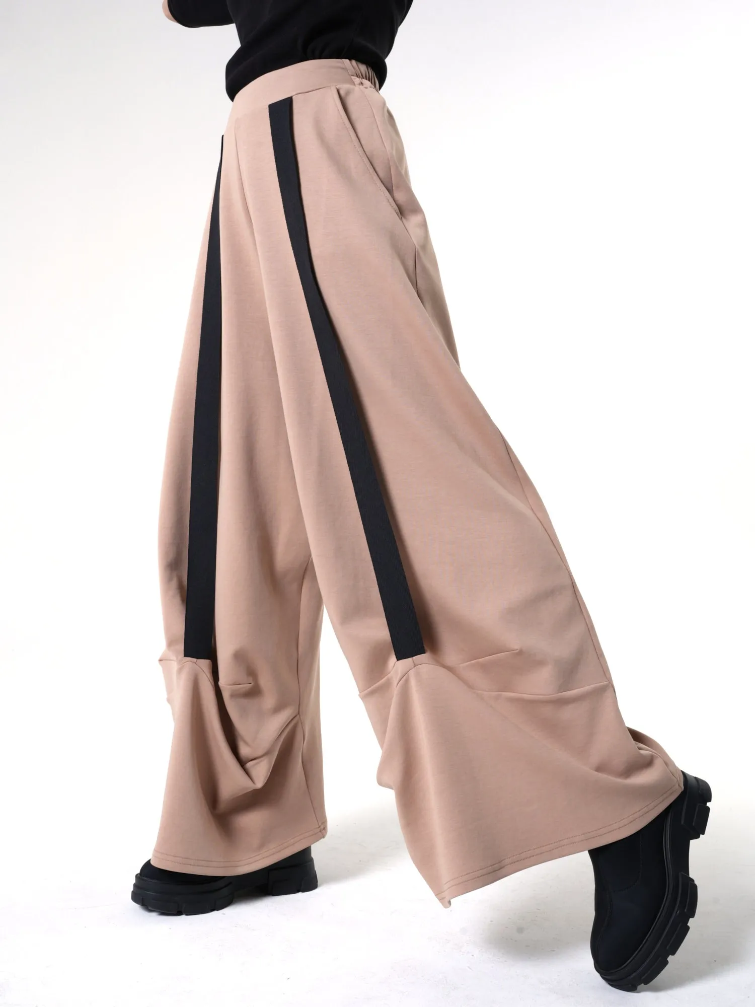 Wide-Leg Beige Pants With Black Stripes