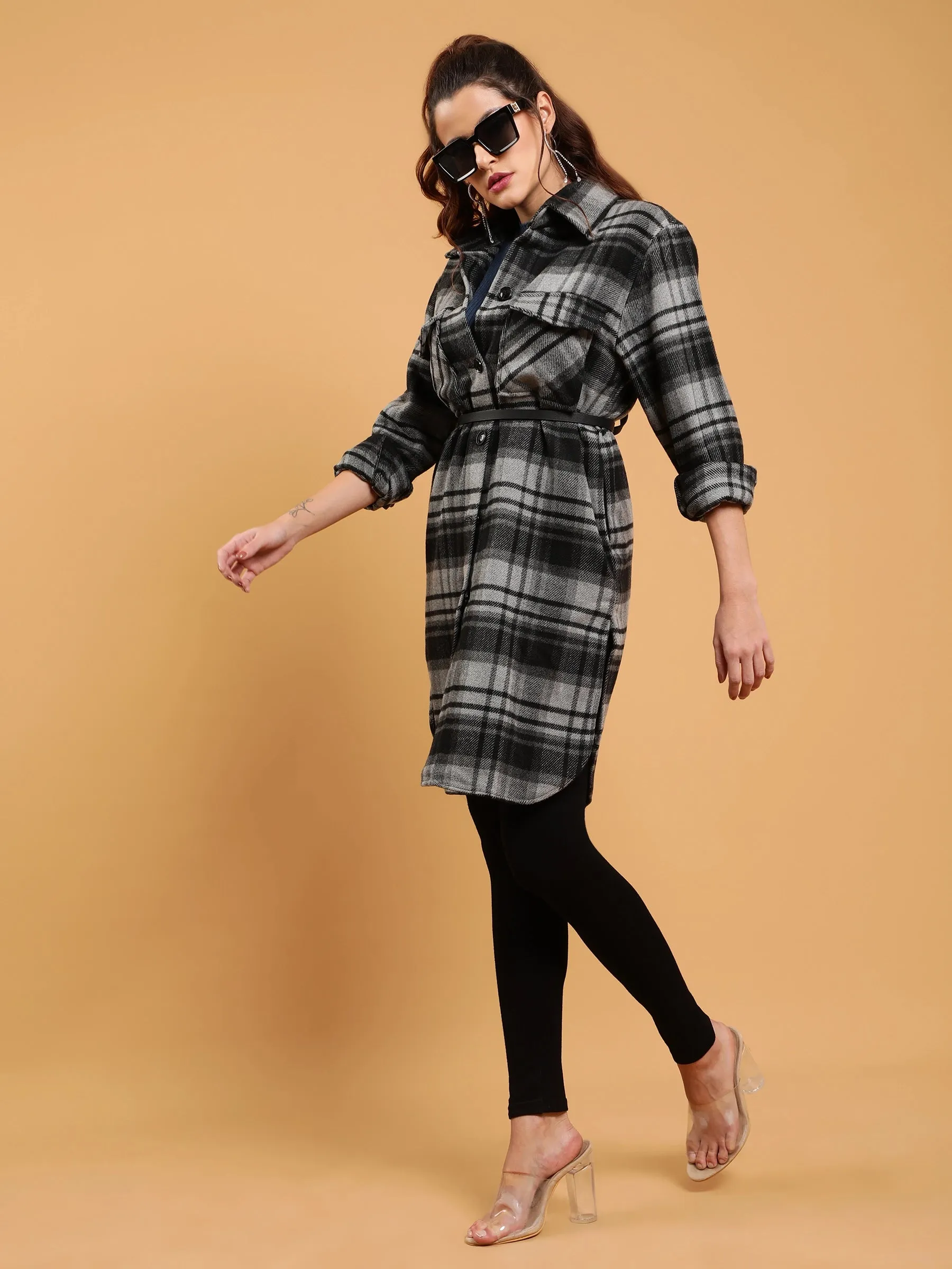 Women Black Checkered Flannel Knee Length Shacket