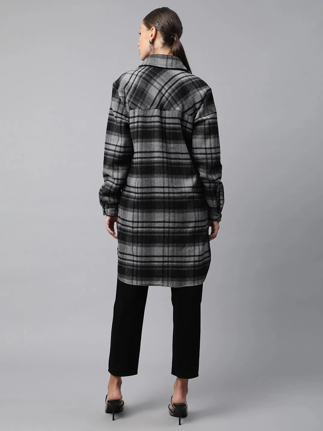 Women Black Checkered Flannel Knee Length Shacket