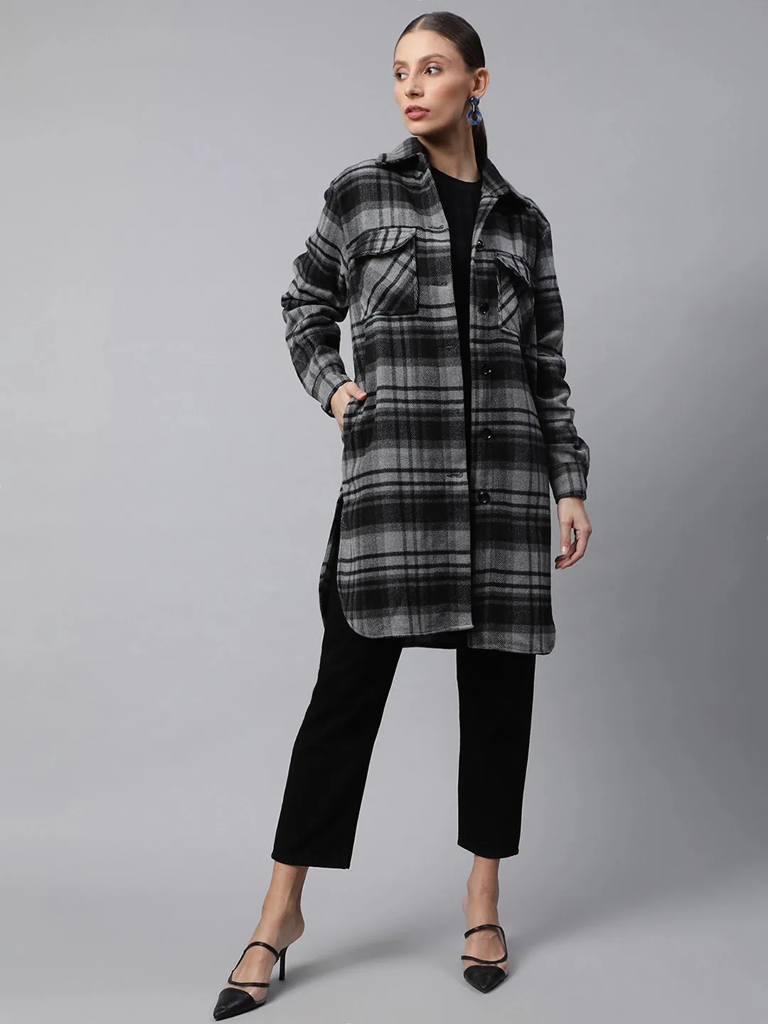 Women Black Checkered Flannel Knee Length Shacket