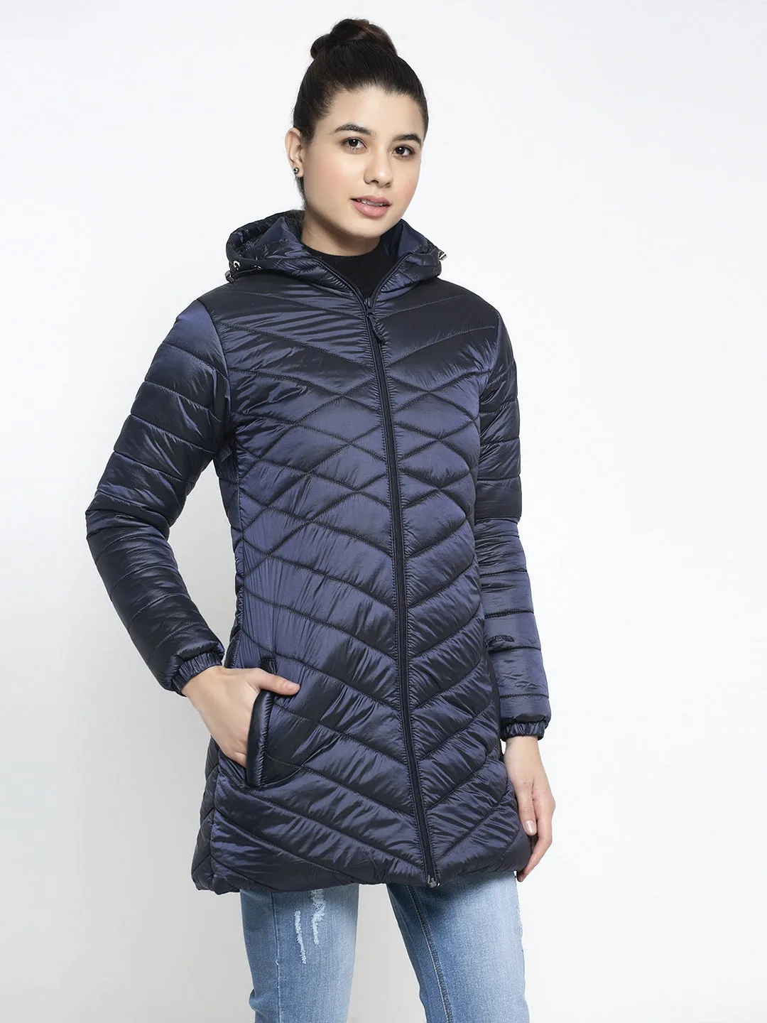 Women Navy Blue Hooded Jacket