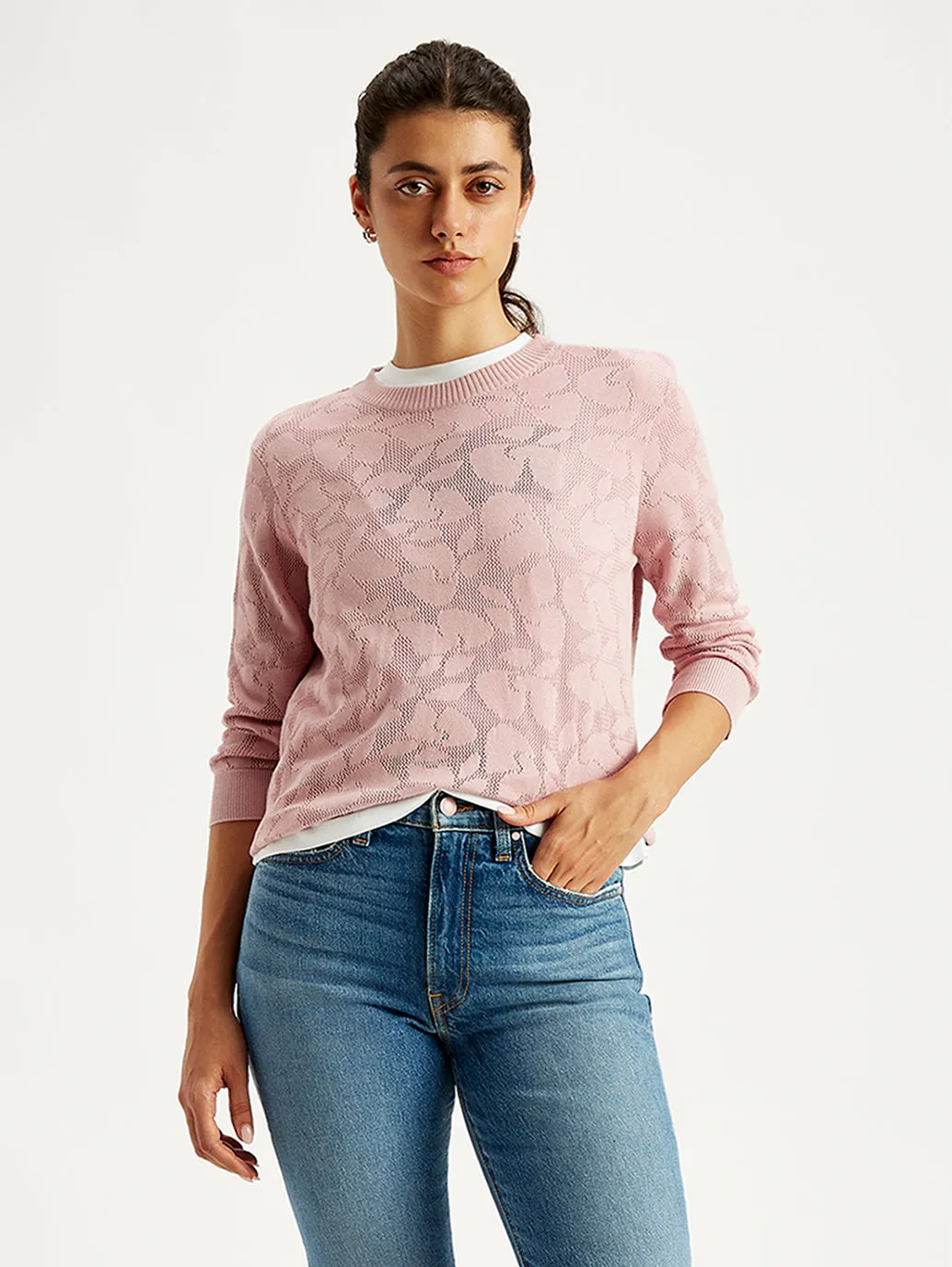 Women's Self Design Light-Pink Crew Neck Sweater