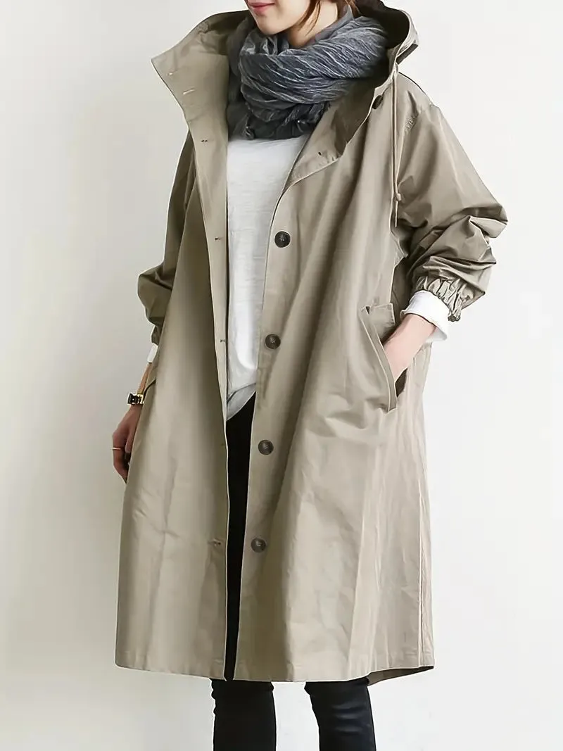 Women's Stylish Tailored Cut Buttoned Rain Trench Coat with Hood | Ideal for Autumn/Winter