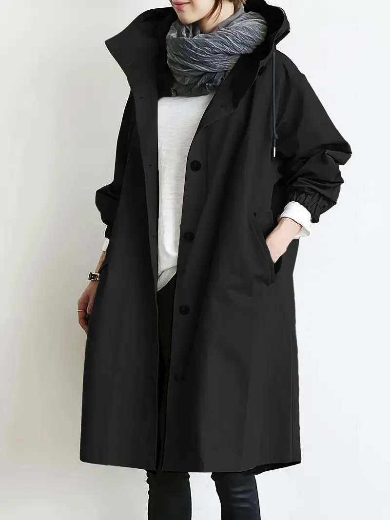 Women's Stylish Tailored Cut Buttoned Rain Trench Coat with Hood | Ideal for Autumn/Winter