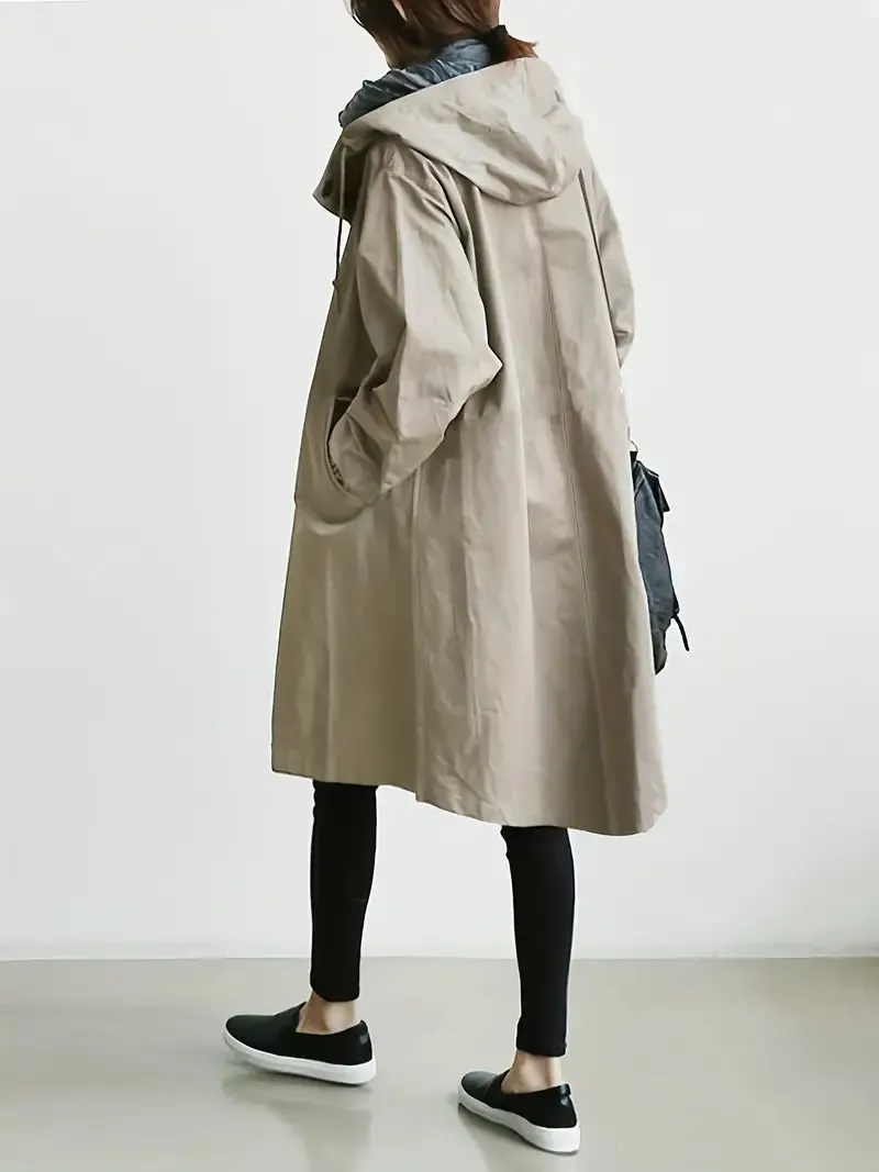 Women's Stylish Tailored Cut Buttoned Rain Trench Coat with Hood | Ideal for Autumn/Winter